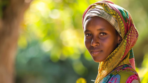A young girl with a colorful headdress stands confidently in front of a tall tree, showcasing the vibrant contrast between her traditional attire and natures backdrop.
