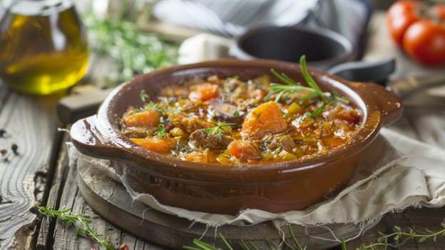 A hearty bowl of stew placed on a rustic wooden table. The stew contains chunks of meat, vegetables, and broth, steaming slightly in the warm ambiance of the room.