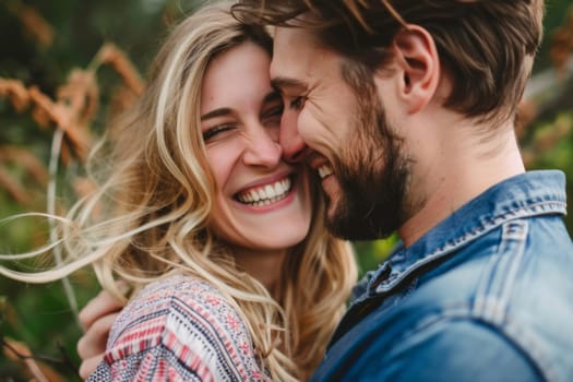 A man and a woman are joyfully smiling at each other. Their faces radiate happiness and connection, showcasing a genuine moment of shared delight and companionship.