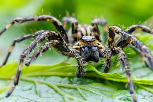 In this close-up, a spider is seen crawling on a leaf. The arachnids distinctive eight legs are visible, as well as its intricate web pattern. The leafs veins add texture to the scene, contrasting with the spiders dark body.