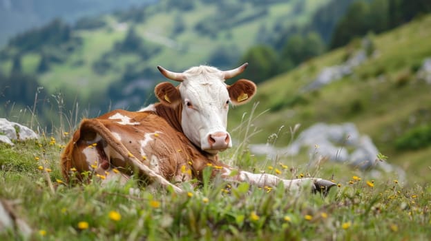 A brown and white cow is peacefully laying down in a grassy field, taking a break from grazing. The cows fur contrasts with the green grass beneath it.