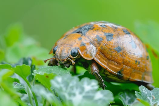 A detailed view of a bug crawling on a green leaf, showcasing its intricate features and movements in a natural setting.