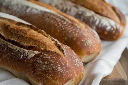Three freshly baked loaves of bread are displayed on top of a rustic wooden cutting board, showcasing their golden crusts and soft textures.