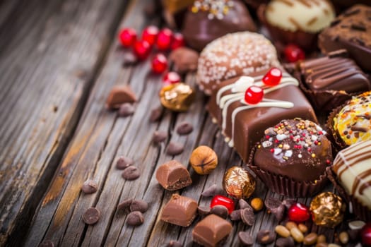 A wooden table is filled with an assortment of chocolates, including milk chocolate, dark chocolate, truffles, and pralines. The chocolates are neatly arranged in rows on the table, creating a tempting display.