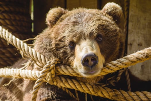 A brown bear standing with a rope tightly wrapped around its neck, looking distressed and in distress. The bear appears to be struggling against the restriction of the rope, highlighting human-wildlife conflict.