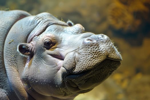 A close-up view captures a hippopotamus staring directly at the camera, showcasing its large, powerful body and distinctive features. The intense gaze of the hippo makes for a striking and intimate portrait.