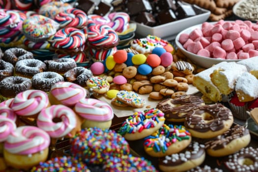 A variety of colorful and delicious donuts are arranged neatly on a table, showcasing different flavors, toppings, and shapes. From classic glazed to filled varieties, the assortment is sure to satisfy any sweet tooth.