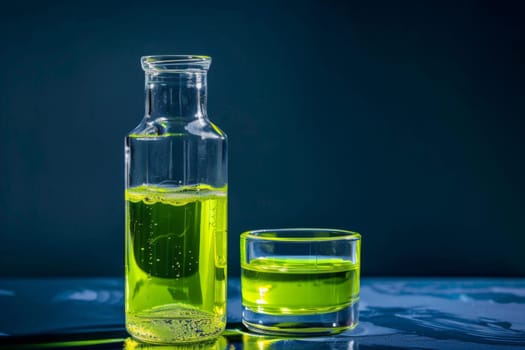 A green liquid bottle is placed next to a glass filled with clear water. The contrast between the two liquids is evident, with the green standing out against the transparent water.