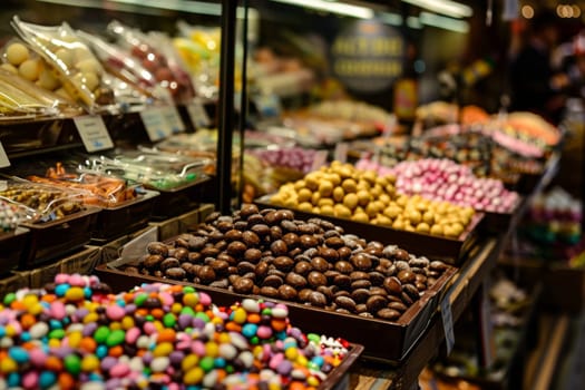 A display case filled with an array of different types of colorful candies, ranging from gummies to chocolates, creating a vibrant and tempting sight for customers to choose from.
