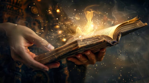 A person is holding an open book in their hands. The book appears to be mid-sized with pages slightly fluttering. The persons fingers are gently grasping the edges of the book, showing engagement with the content.