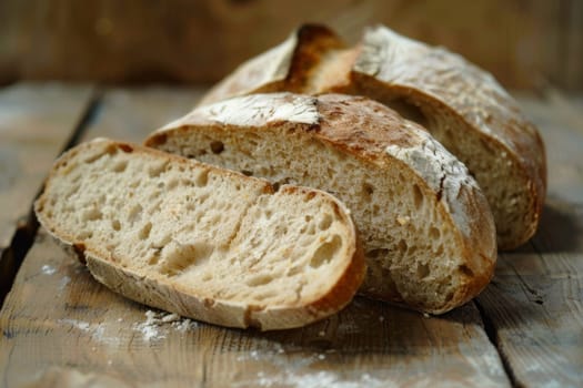 A loaf of bread is placed on top of a sturdy wooden table, showcasing its texture and shape. The bread appears freshly baked, with visible crust and soft interior. The tables surface adds a rustic touch to the scene.