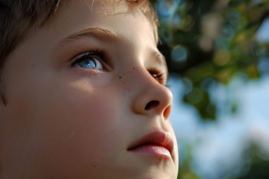 A close up of a childs face with a green tree in the background. The child is looking curiously at the tree with a slight smile.
