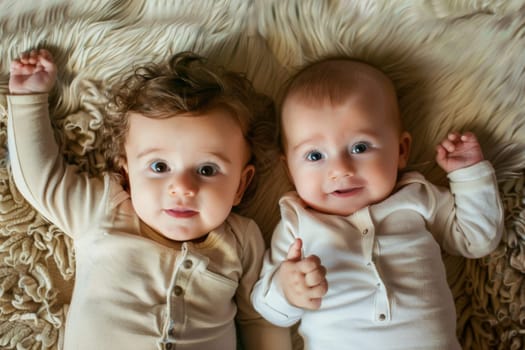 Two baby babies, one with a blue onesie and the other with a pink onesie, are lying side by side on a clean white blanket. They appear calm and content in their peaceful position.