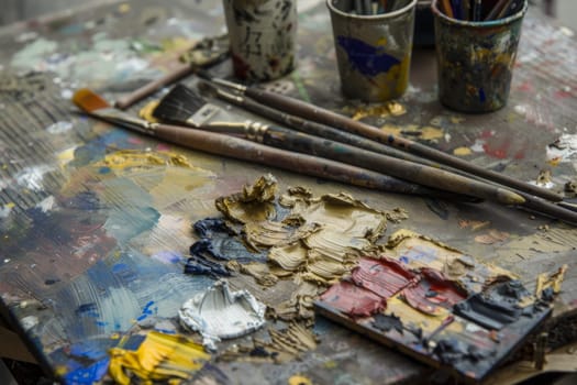 A wooden table covered in various paint colors and an assortment of paintbrushes of different sizes and shapes. The paint appears to be fresh and vibrant, ready for use in artistic endeavors.