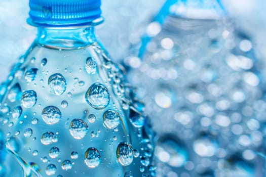 A close-up view of a standard plastic bottle filled with clear drinking water. The label on the bottle is visible, and condensation droplets can be seen on the surface of the container.