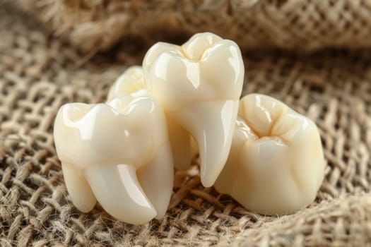 Two white teeth resting on top of a burlock, showcasing dental hygiene and natures elements in a unique setting.