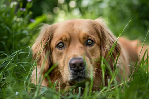 A close-up view of a dog peacefully resting in the green grass, enjoying the outdoors on a sunny day. The dogs fur is tousled, and it looks comfortable and content in its surroundings.