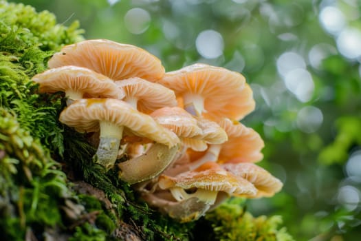 A group of mushrooms has sprouted from the bark of a tree, creating a cluster of various sizes and shapes. The mushrooms are a mix of colors, adding visual interest to the natural scene.