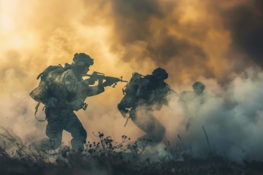 A group of soldiers in camouflage uniforms and helmets sprinting through a vast field. Dust kicked up as their boots hit the ground, showcasing their speed and determination in training or a military exercise.