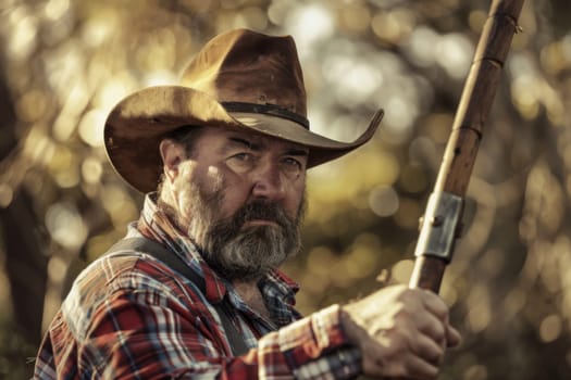 A man dressed in cowboy attire, including a hat, is holding a rifle in his hands. The man appears focused and ready, displaying a serious expression while holding the weapon.