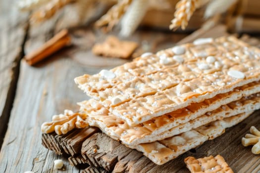 A stack of crackers is neatly arranged on a wooden table, creating a visually appealing display. The crackers are sitting atop the table, showcasing their crispy texture and golden color.