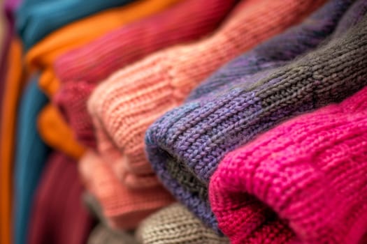 A close-up view of a stack of colorful sweaters piled on top of each other. The sweaters vary in colors and textures, creating a cozy and warm image.