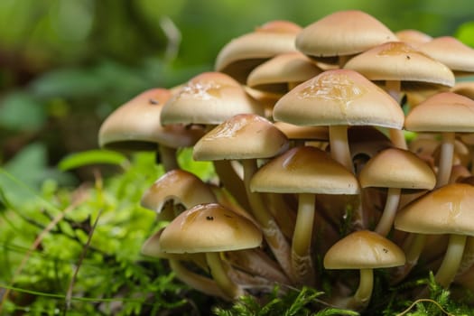 A cluster of mushrooms is seen growing on top of a vibrant green meadow. The mushrooms are various sizes and shapes, with some standing tall and others more squat. The scene portrays a natural interaction between the fungi and the environment.