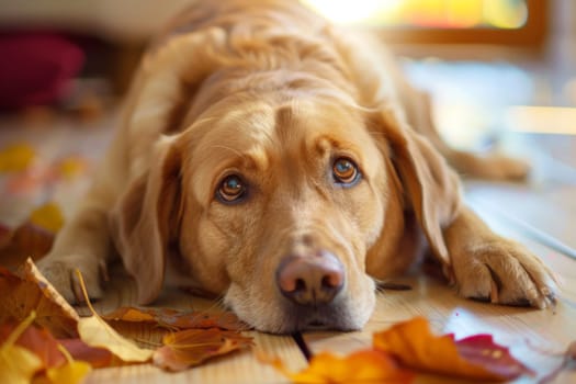 The image shows a close-up view of a dog peacefully laying on the ground, looking relaxed. The dogs fur is brown and white, and its eyes are closed.