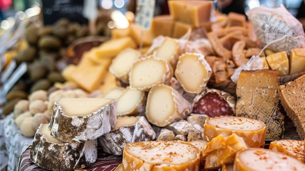 A variety of different types of cheese are artfully arranged on a display table, showcasing the rich diversity of flavors and textures available.