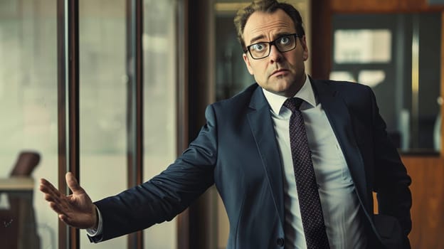 A professional man dressed in a suit and tie standing with his hands extended out in front of him. He appears to be gesturing or communicating nonverbally.