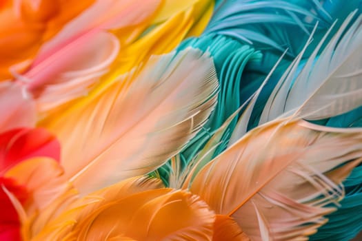 A detailed view of a colorful assortment of feathers, showcasing vibrant hues and intricate patterns. The feathers are densely packed, creating a visually striking display of natural beauty.