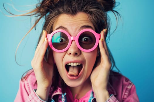 A woman with pink glasses is pulling a comical expression, causing her face to contort in a humorous manner. She appears to be playful and lighthearted in the moment.