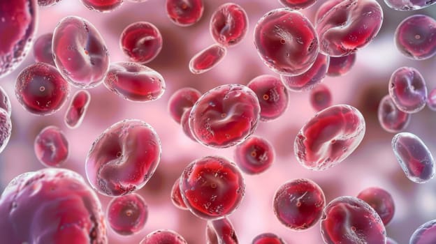 A cluster of red blood cells flowing through a vein, transporting oxygen and nutrients throughout the body. The cells move steadily, propelled by the force of the circulatory system.