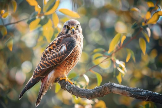 A bird perched on a tree branch, with its feathers ruffled and beak slightly open. The bird appears alert, looking around its surroundings. The branch is thin but sturdy, supporting the birds weight effortlessly. The background shows more branches and leaves of the tree.