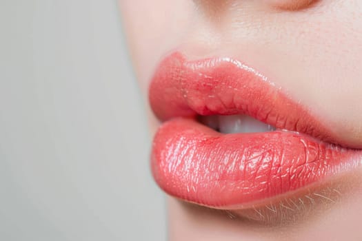 A close-up view of a womans lips with vibrant red lipstick applied, highlighting the smooth texture and bold color. The lipstick has a glossy finish, and the lips are slightly parted.