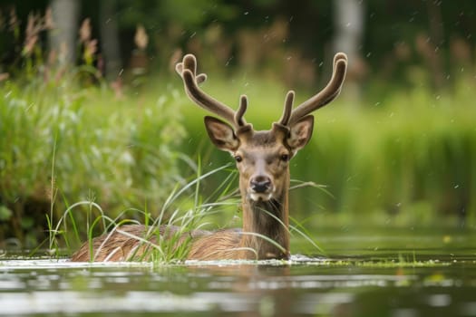 A deer is lying down in the shallow waters, its body partially submerged as it rests. The tranquil scene captures the deers serene posture in the natural habitat of a water body.