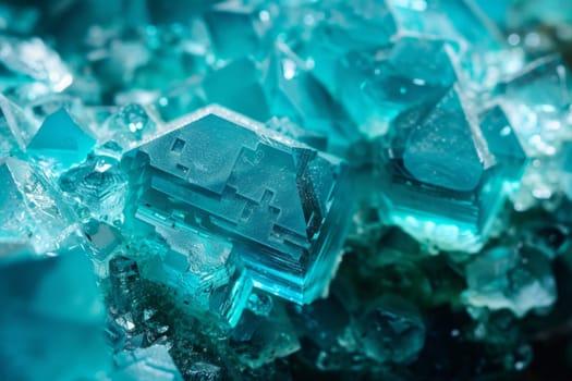 A detailed close-up view of vibrant blue crystals, showcasing their intricate structure and intense color under bright light. Each crystal reflects light differently, creating a mesmerizing visual effect.