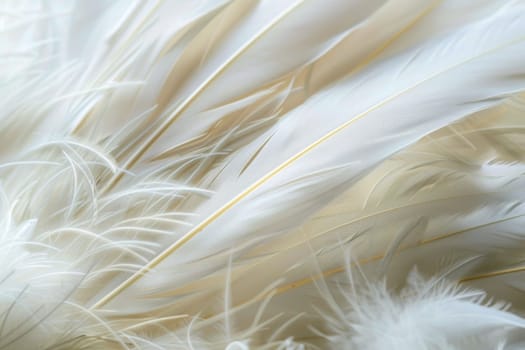 A detailed close-up of numerous white feathers, showcasing their delicate texture and intricate details. Each feather reflects light, creating a soft and elegant composition.