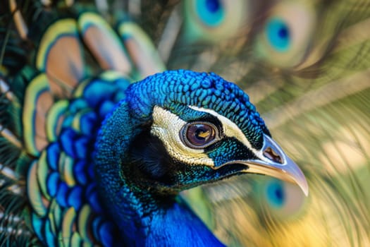 A close-up view of a peacock showcasing its colorful and elaborate plumage with feathers spread out in a striking pattern. The bird exudes elegance and beauty in this mesmerizing display.