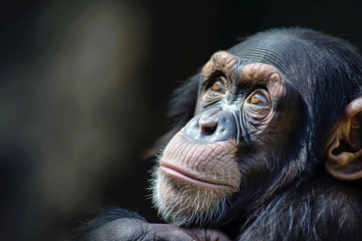 A close-up view of a chimpanzees face dominates the frame, showcasing its expressive features such as furrows on the forehead, prominent nose, and intelligent eyes. The background is blurred, drawing full attention to the chimpanzee.