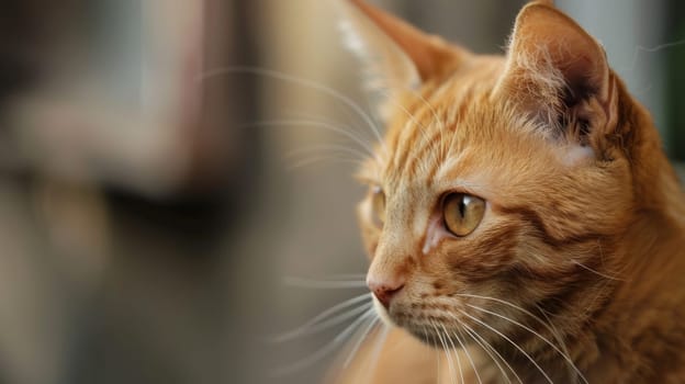 A detailed view of a cat with a blurred backdrop, showcasing the cats features up close in clear focus while the background remains indistinct.