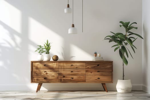 A white room featuring a wooden dresser, adorned with potted plants. The dresser stands against the wall, displaying a variety of succulents and greenery. The room is bright, with natural light enhancing the green plants colors.