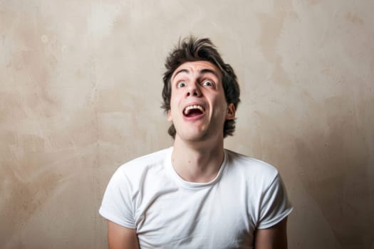 A man with a shocked expression on his face, eyebrows raised, eyes wide open. He seems taken aback by unexpected news or a sudden event, displaying astonishment and disbelief.