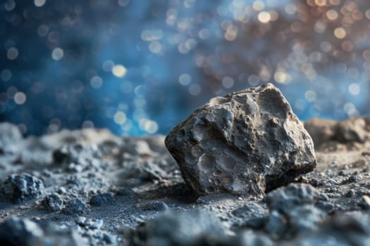 A single rock sits perched atop the golden sandy beach. The rock stands out against the grains of sand, stark and solid in its position. The beach stretches out, with gentle waves lapping at the shore.