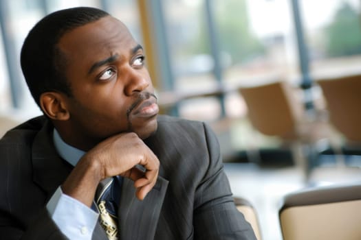 A man dressed in a suit is sitting at a table, appearing engaged in work or a meeting. He is focused on something in front of him, with his hands on the table.