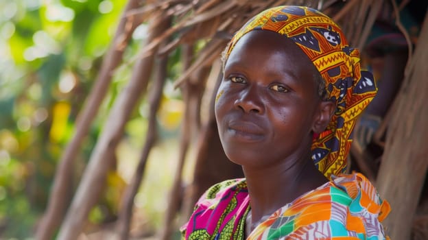 A woman wearing a vibrant head wrap stands in front of a traditional hut. The woman is looking directly at the camera, exuding confidence. The hut is made of natural materials like wood and thatch, blending with the surrounding landscape.