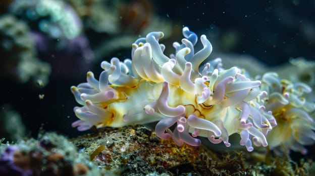 A detailed view of a sea anemone attached to a rock, showcasing its tentacles and vibrant colors in their natural habitat along the ocean shore.