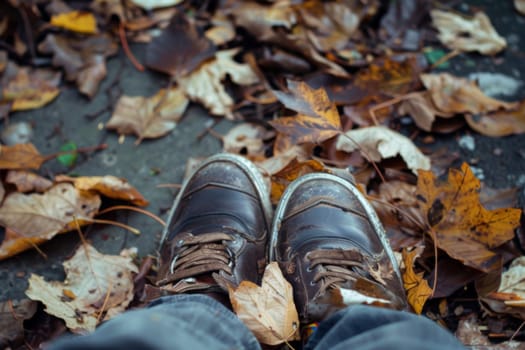 A pair of shoes worn by a person surrounded by a variety of leaves on the ground. The shoes are black and appear to be sturdy, giving a sense of walking through nature. The leaves are various sizes and colors, creating a natural and earthy scene.