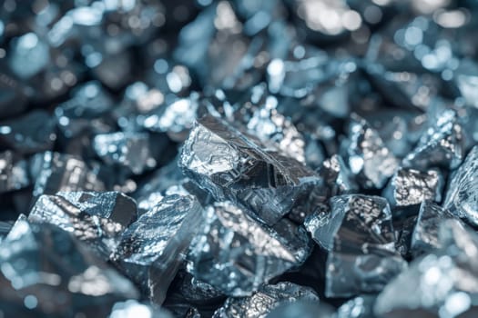 A stack of shiny silver foil sheets is neatly arranged on top of a wooden table. The foil catches the light, creating a reflective surface and casting shadows. The table surface provides a stable base for the pile of foil.