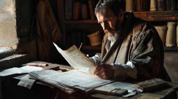 A man is seated at a desk surrounded by papers, deeply engrossed in his work. He appears to be focused and concentrated on the tasks at hand, possibly working on important documents or reports.